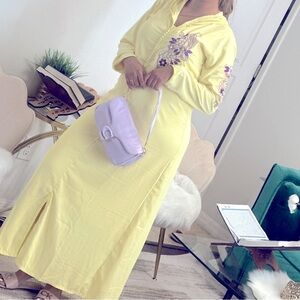 Elegant Yellow Maxi Dress with Purple Floral Embroidery